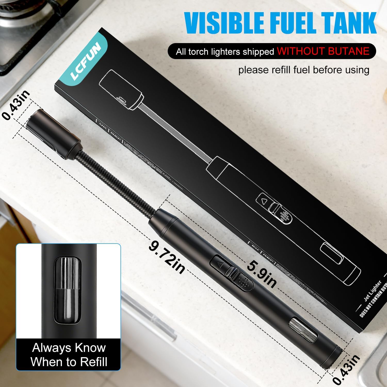 LcFun Torch Lighter Refillable Butane Lighters with Flexible Long Neck and Visible Fuel Window, Windproof Jet Flame Long Matches for Candles Grill Fireplace Kitchen Camping (Butane Not Included)