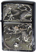 Zippo Lighter, Silver Rise Metal, Silver Dragon, Electrocast Plate, 3 Sided Treatment, Lacquer Coated