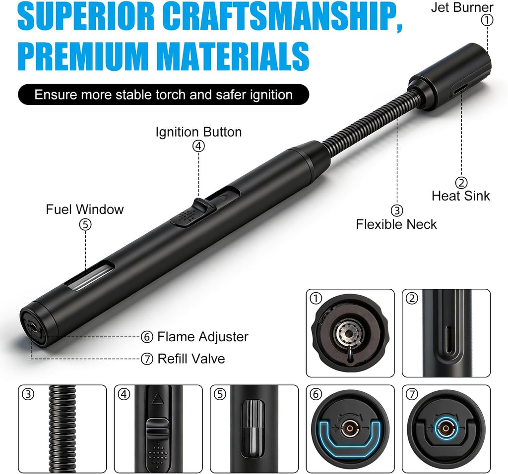 LcFun Torch Lighter Refillable Butane Lighters with Flexible Long Neck and Visible Fuel Window, Windproof Jet Flame Long Matches for Candles Grill Fireplace Kitchen Camping (Butane Not Included)