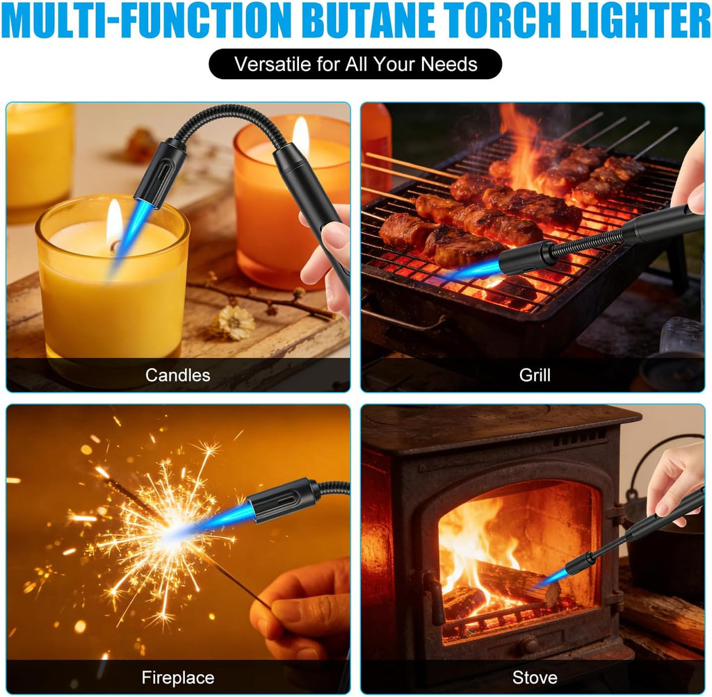 LcFun Torch Lighter Refillable Butane Lighters with Flexible Long Neck and Visible Fuel Window, Windproof Jet Flame Long Matches for Candles Grill Fireplace Kitchen Camping (Butane Not Included)