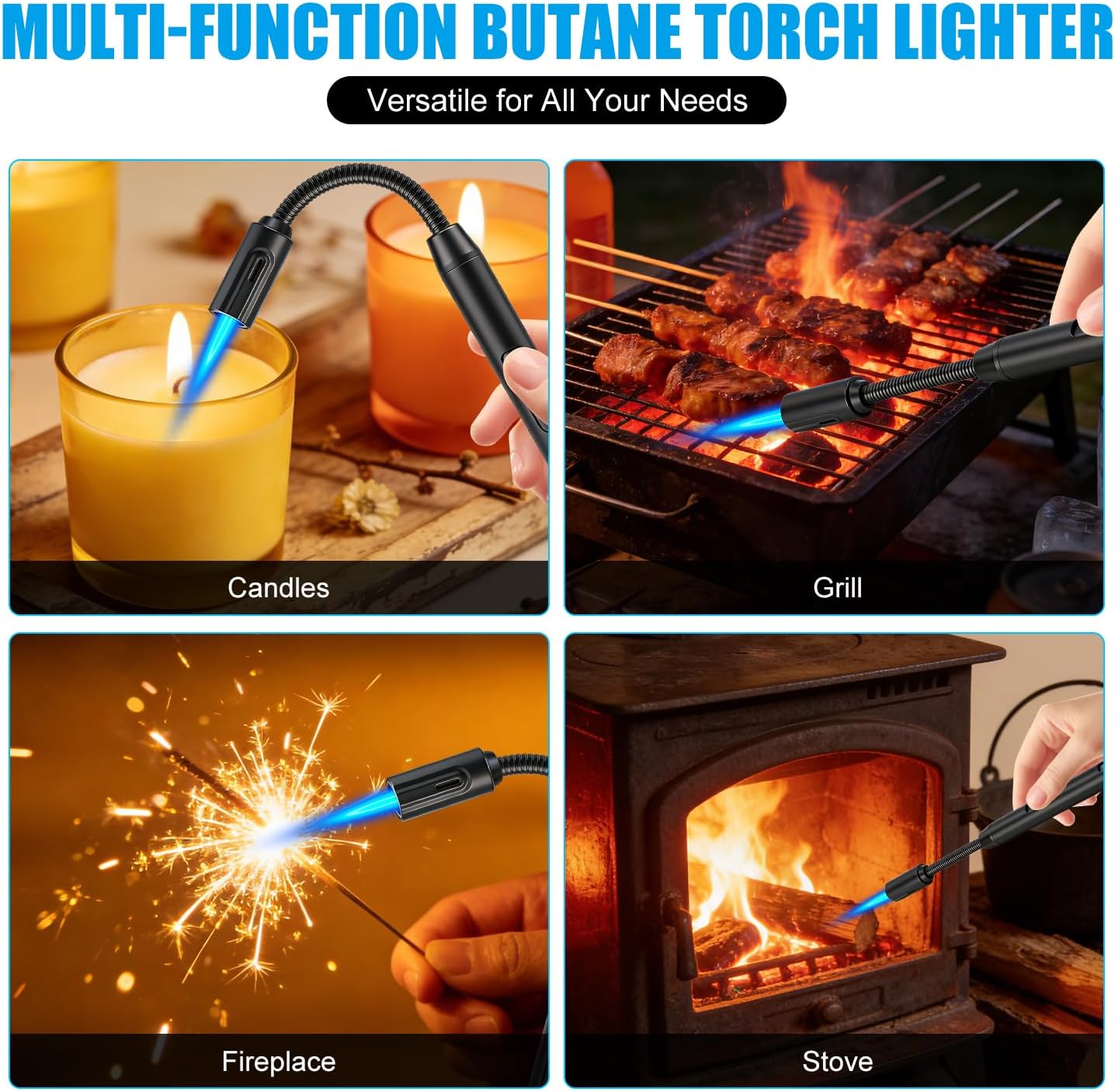 LcFun Torch Lighter Refillable Butane Lighters with Flexible Long Neck and Visible Fuel Window, Windproof Jet Flame Long Matches for Candles Grill Fireplace Kitchen Camping (Butane Not Included)