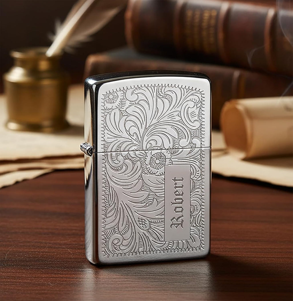 Custom Zippo Lighter – Personalized Engraved Venetian Design | Genuine Windproof Metal Lighter | Unique Gift for Men & Women – Christmas, Halloween, Valentine (Silver 352)