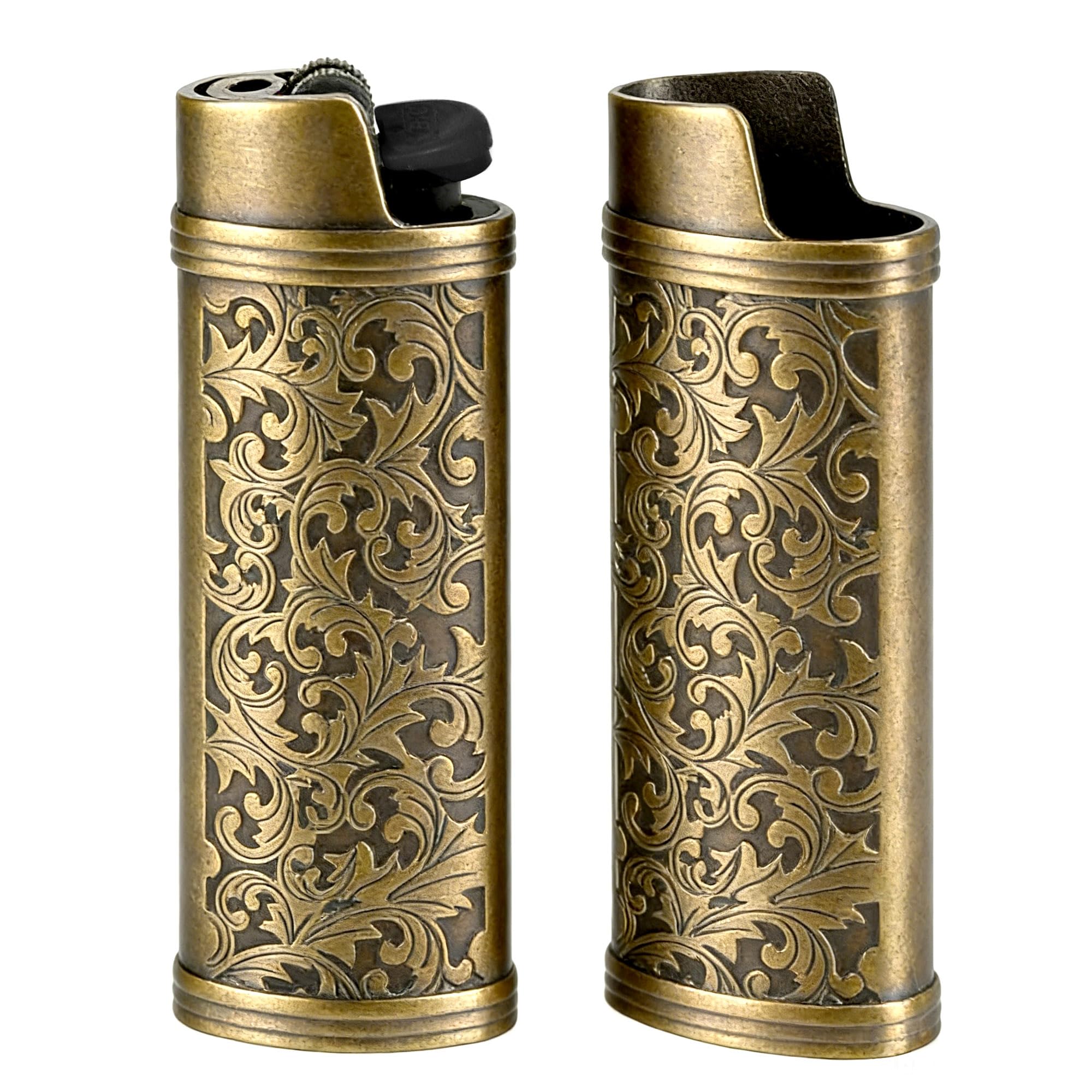 2pcs Metal Lighter Case Cover Holder with Vintage Floral Pattern, Bronze Finish, Compatible with BIC Full Size J6 Lighters