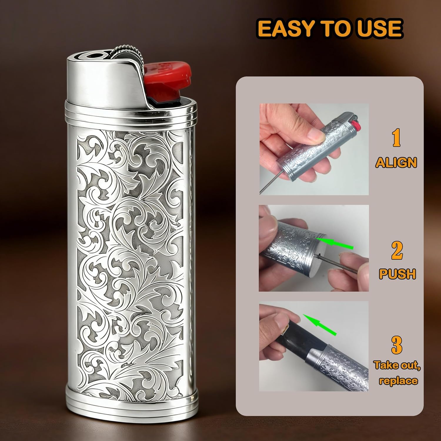 2pcs Metal Lighter Case Cover Holder with Vintage Floral Pattern, Bronze Finish, Compatible with BIC Full Size J6 Lighters