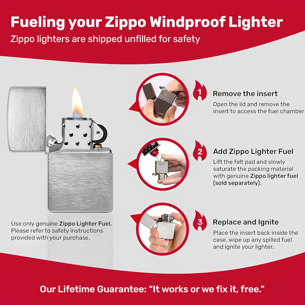 Zippo Classic Brushed Chrome Pocket Lighter - Windproof & Refillable Flip-Top Metal Lighter - Everyday Use Pocket Lighters - Luxury Lighters Made in USA