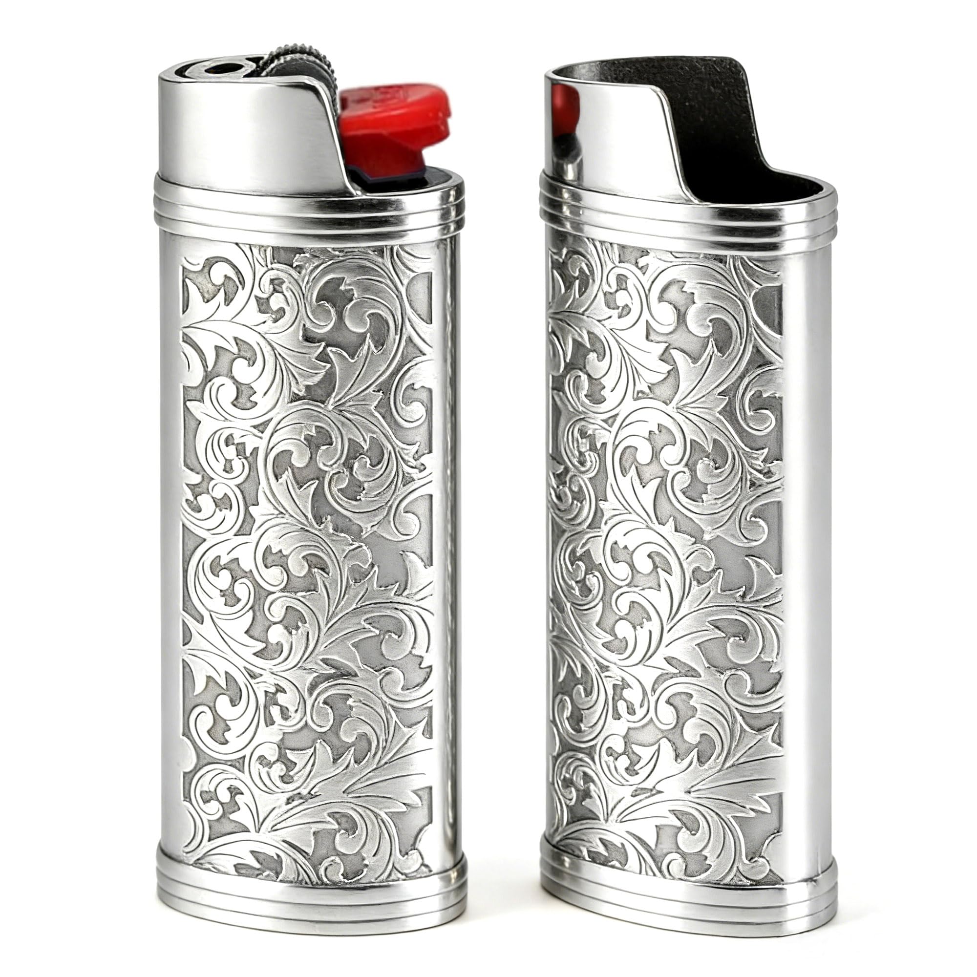 2pcs Metal Lighter Case Cover Holder with Vintage Floral Pattern, Bronze Finish, Compatible with BIC Full Size J6 Lighters