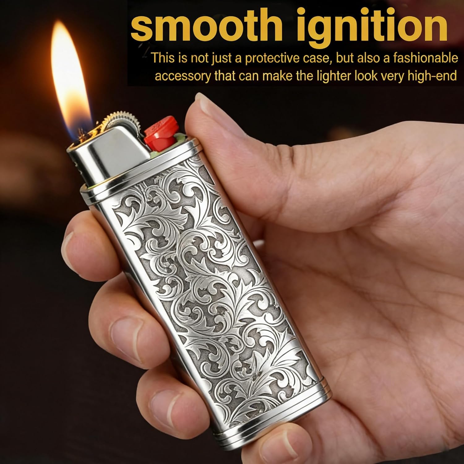 2pcs Metal Lighter Case Cover Holder with Vintage Floral Pattern, Bronze Finish, Compatible with BIC Full Size J6 Lighters