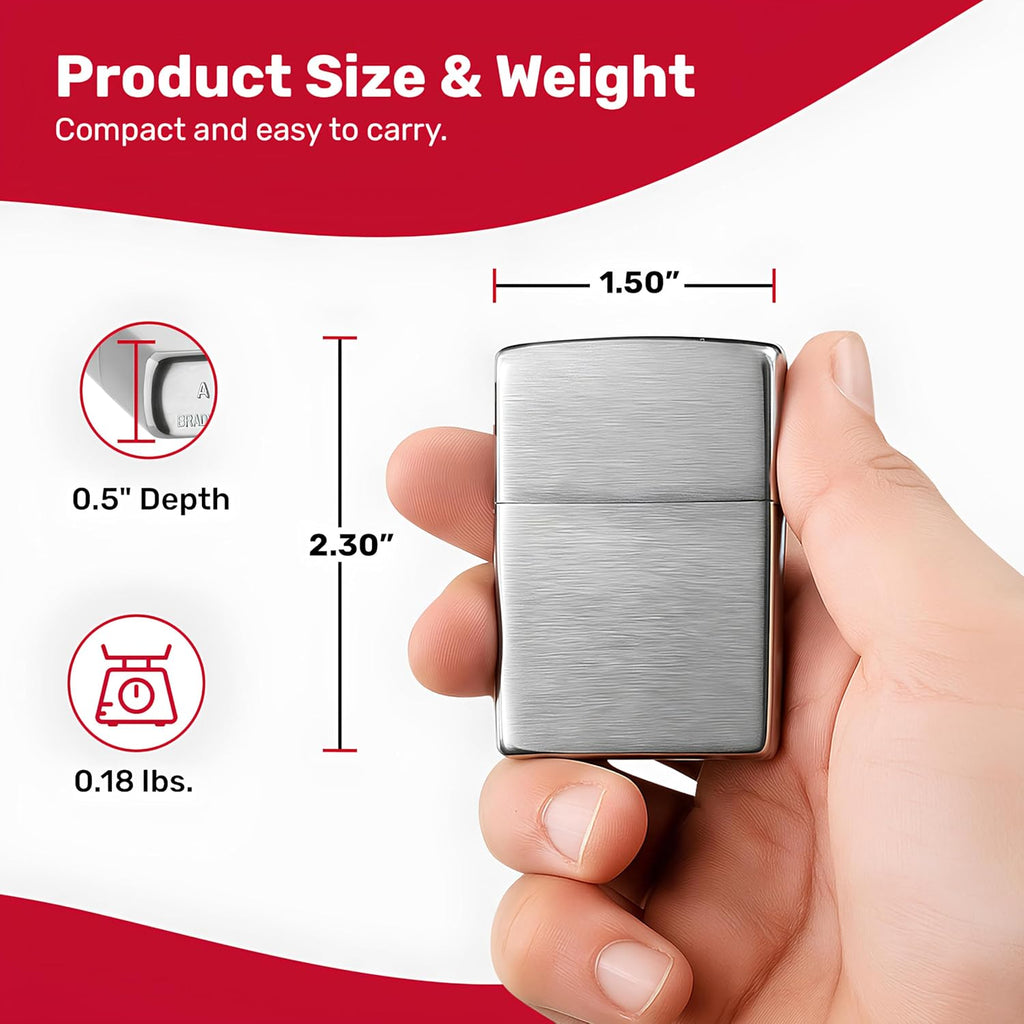 Zippo Classic Brushed Chrome Pocket Lighter - Windproof & Refillable Flip-Top Metal Lighter - Everyday Use Pocket Lighters - Luxury Lighters Made in USA