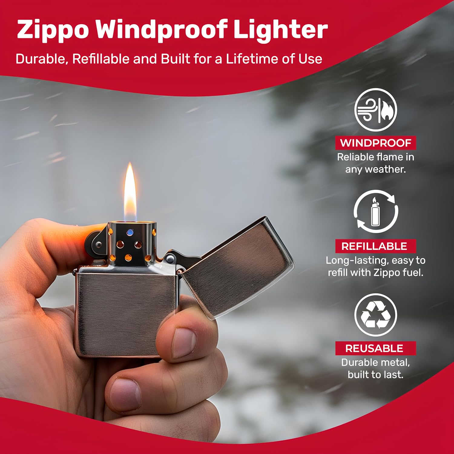 Zippo Classic Brushed Chrome Pocket Lighter - Windproof & Refillable Flip-Top Metal Lighter - Everyday Use Pocket Lighters - Luxury Lighters Made in USA