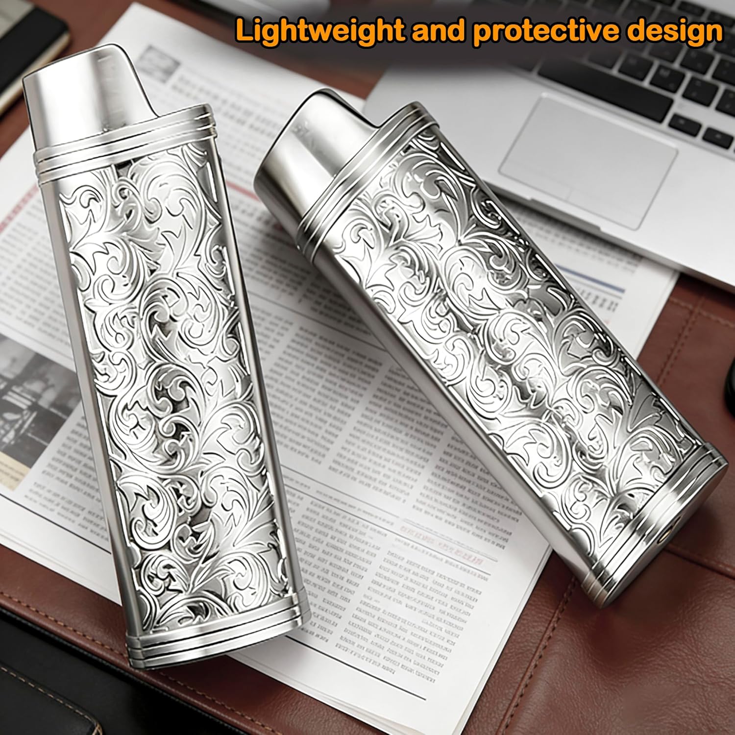 2pcs Metal Lighter Case Cover Holder with Vintage Floral Pattern, Bronze Finish, Compatible with BIC Full Size J6 Lighters