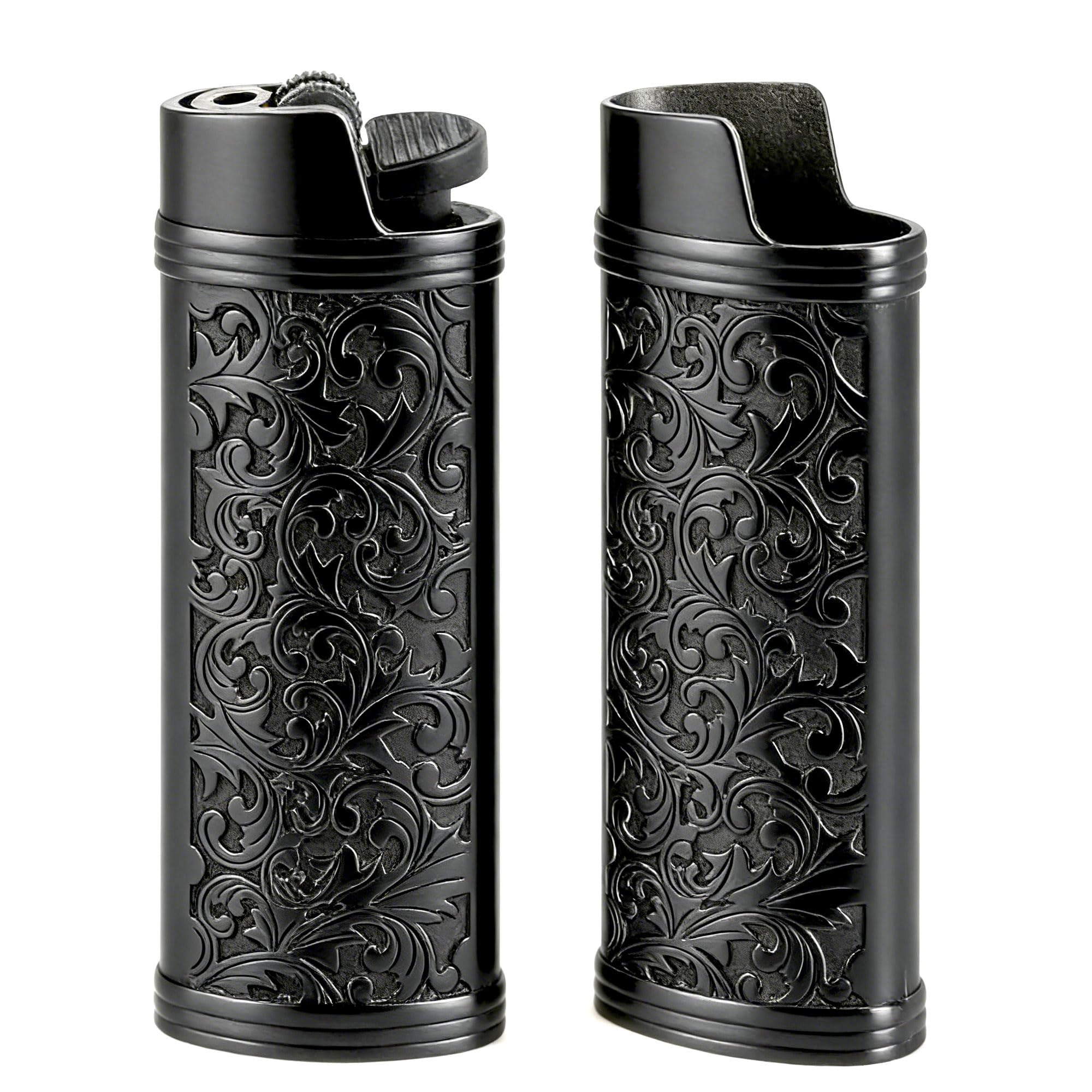 2pcs Metal Lighter Case Cover Holder with Vintage Floral Pattern, Bronze Finish, Compatible with BIC Full Size J6 Lighters